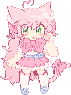 an image of a pink cat with a large pink bow. she's happily holding a paw to her face.