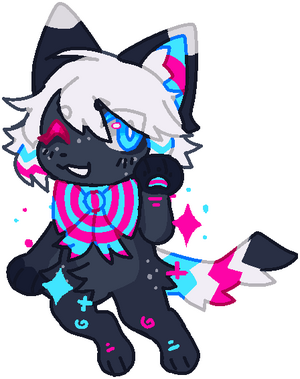 an image of a primarily gray cat with blue, pink, and white highlights. it is small.