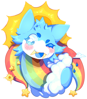 an image of a gray dog with grayish-blue hair composed of water. she is wearing a black cravat accented with an amber marble.