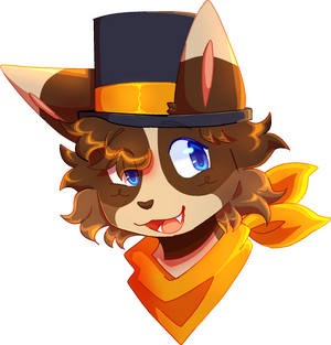 an image of a brown and tan cat in an orange bandanna and a top hat. they are smiling.